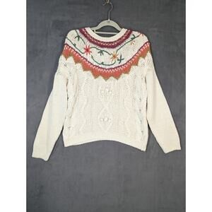 Jordache Sweater Womens Medium White Crochet Floral Pom Poms Cable Knit Vintage